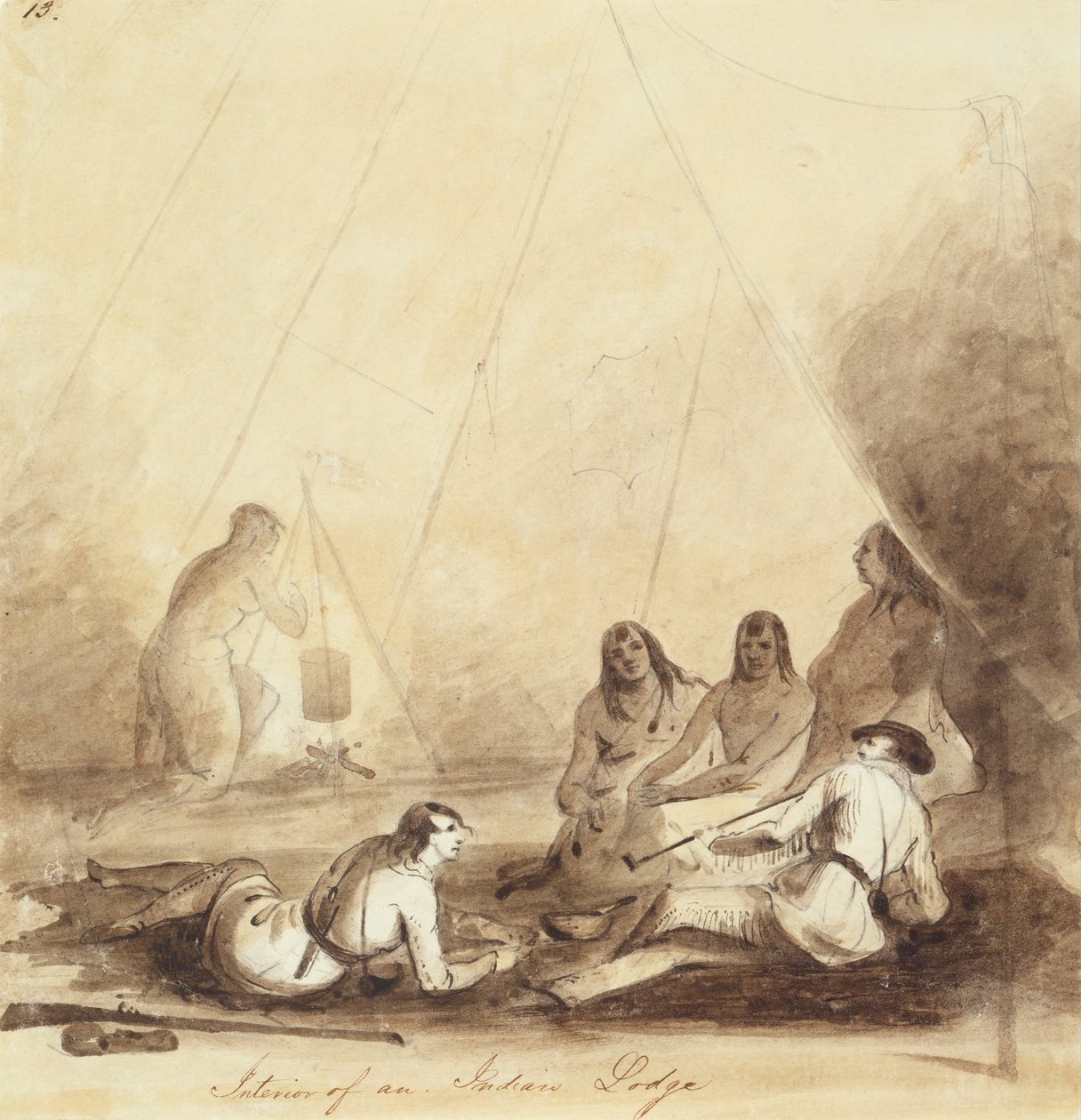 Egy indián páholy belseje, 1837 körül (ceruza, toll és tinta, valamint papírra mosás) alkotó: Alfred Jacob Miller