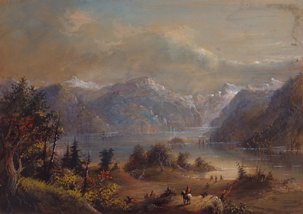 Lake Scene, Wind River Mountains, 1837 körül (ceruza, akvarell és gouache papíron) alkotó: Alfred Jacob Miller