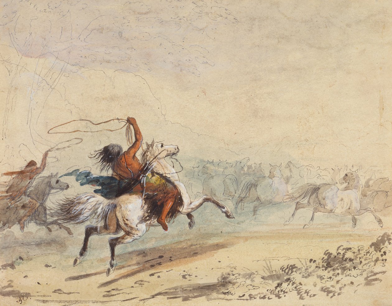 Lasszózó vadlovak, 1837 körül (ceruza, toll, tus, akvarell és gouache papíron) alkotó: Alfred Jacob Miller