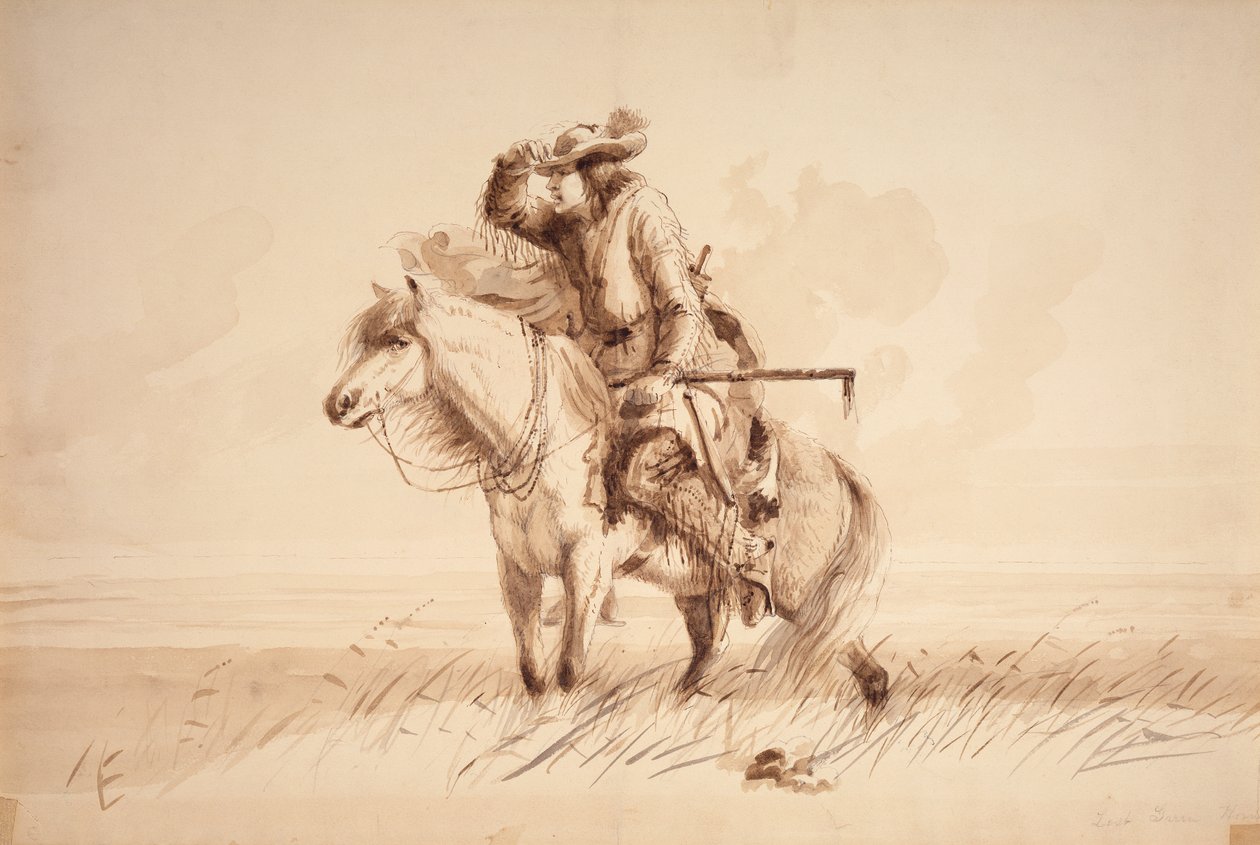 Elveszett zöld kürt, 1850 körül (ceruza, toll és tinta, valamint vászonra mosás) alkotó: Alfred Jacob Miller