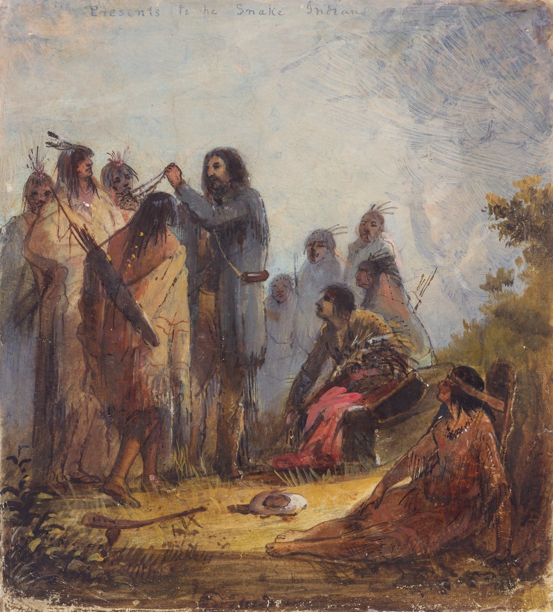 Ajándékok kígyóindiánoknak, 1837 körül (olaj, papír) alkotó: Alfred Jacob Miller