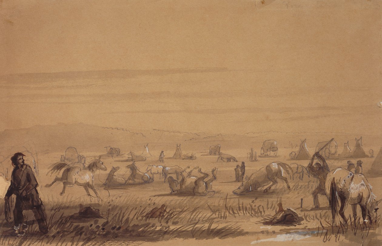 A tábor elérése, a nyergek eltávolítása, 1837 körül (ceruza, toll és tinta, mosás és gouache papíron) alkotó: Alfred Jacob Miller