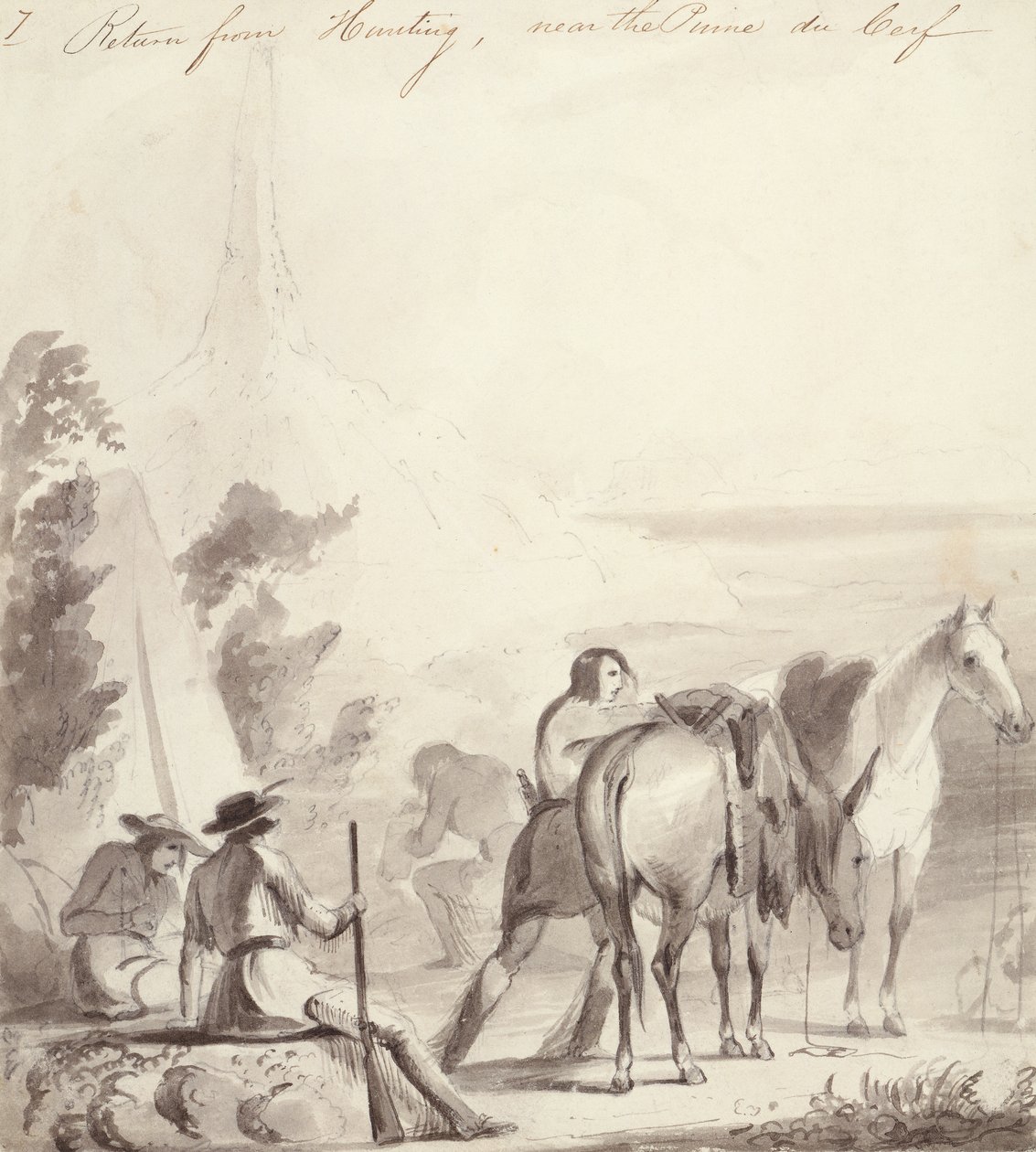 Visszatérés a vadászatról, 1837 körül (olaj, kartonpapír) alkotó: Alfred Jacob Miller