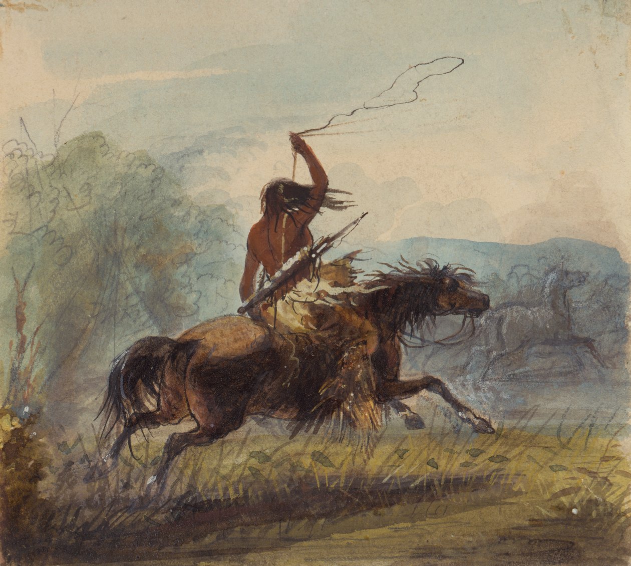 Shoshone Female Throwing the Lasso, 1837 körül (ceruza, akvarell és gouache papíron) alkotó: Alfred Jacob Miller