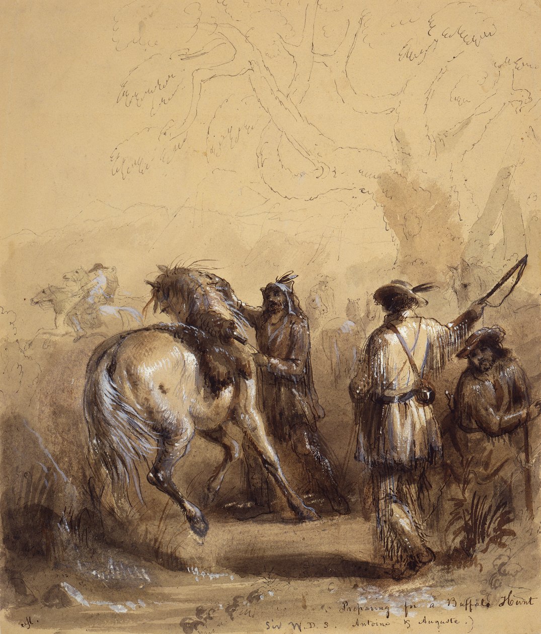 Sir W.D.S., Antoine és Auguste avagy felkészülés egy bivalyvadászatra, 1837 körül (toll és tinta, mosás és gouache papíron) alkotó: Alfred Jacob Miller