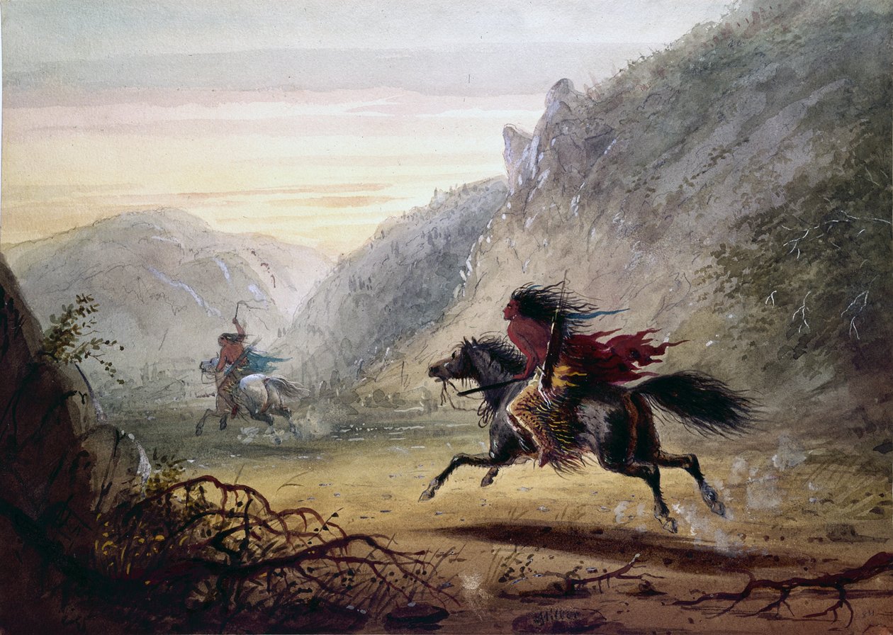 Egy „Snake” indián üldözi a „Crow” lótolvajt alkotó: Alfred Jacob Miller