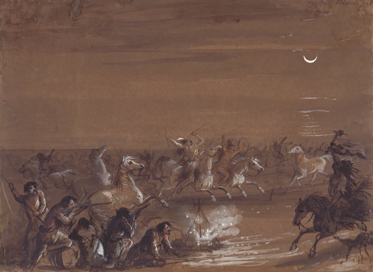 Stampede by the Blackfeet, 1837 körül (tinta, mosás és gouache sötét papíron) alkotó: Alfred Jacob Miller