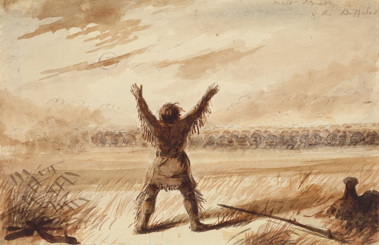 Egy bivalycsorda nyugalomban megzavarta a csapdát, 1837 körül (ceruza, toll és tinta, valamint papírra mosás) alkotó: Alfred Jacob Miller