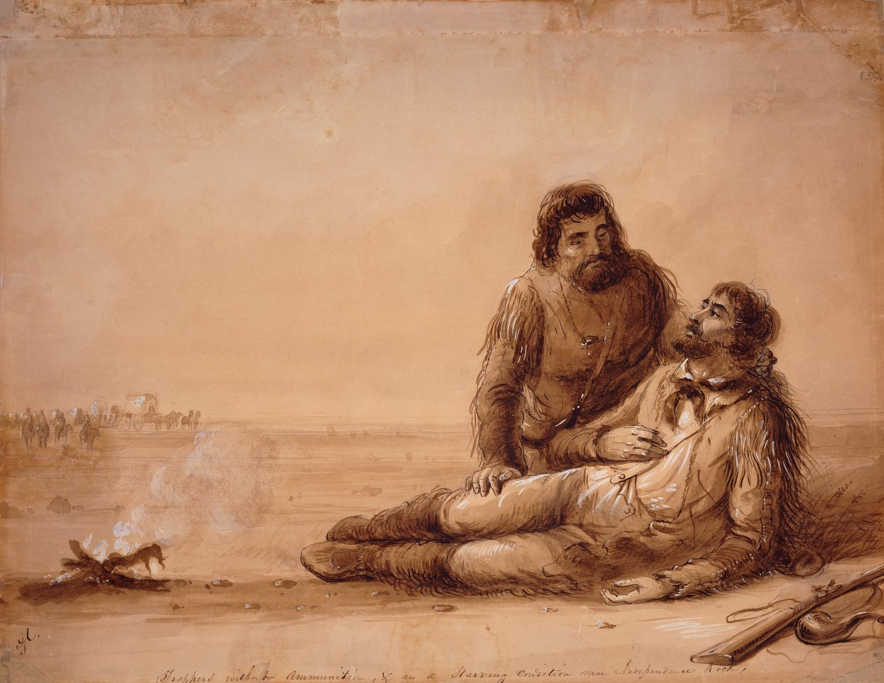 Csapdázók lőszer nélkül és éhező állapotban az Independence Rock közelében, 1850 körül (szépia mosás papíron) alkotó: Alfred Jacob Miller