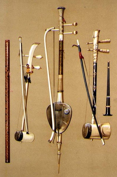Egy khlui, három so sam sai íjjal és egy pi, thai hangszerek a "Musical Instruments" (színes litográfia) című képen. alkotó: Alfred James Hipkins