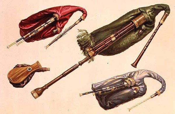 Duda (LtoR): zöld, skót alföldi, vörös és nortumbriai, a „Musical Instruments”-től (színes litho) alkotó: Alfred James Hipkins