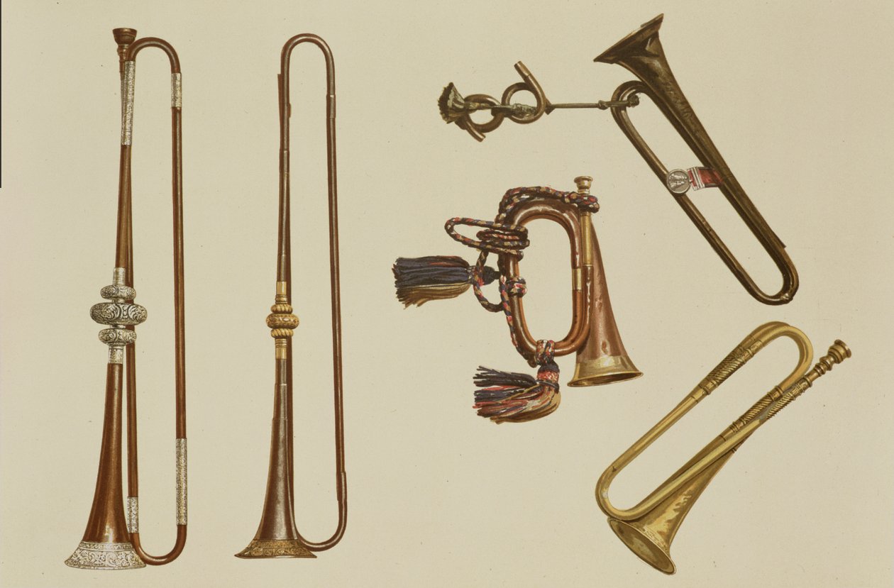 Lovassági trombita, egy bugle, egy aranyozott trombita, amelyet John Harris készített 1730 körül, egy trombita és egy ezüst veretes trombita William Balltól 1680 körül, a Hangszerekből (színes litó) alkotó: Alfred James Hipkins
