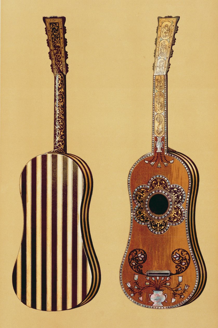 Gyöngyházberakásos gitár, a "Hangszerek"-ből (színes litográfia) alkotó: Alfred James Hipkins