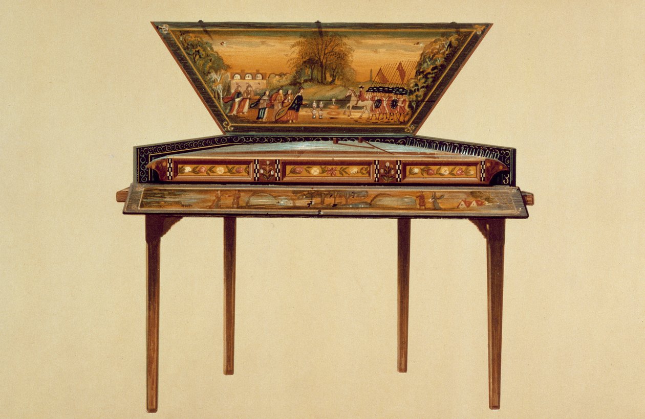 Kalapácsos dulcimer festett hangdobozban, 18. század, a "Musical Instruments" (színes litográfia) című műből. alkotó: Alfred James Hipkins