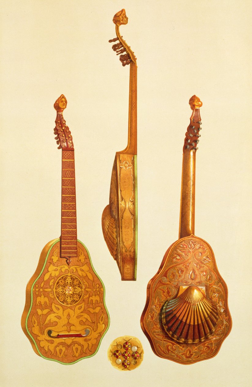 I. Erzsébet királynő lantja, John Rose, 1580, a (színes litho) „Musical Instruments”-ből alkotó: Alfred James Hipkins