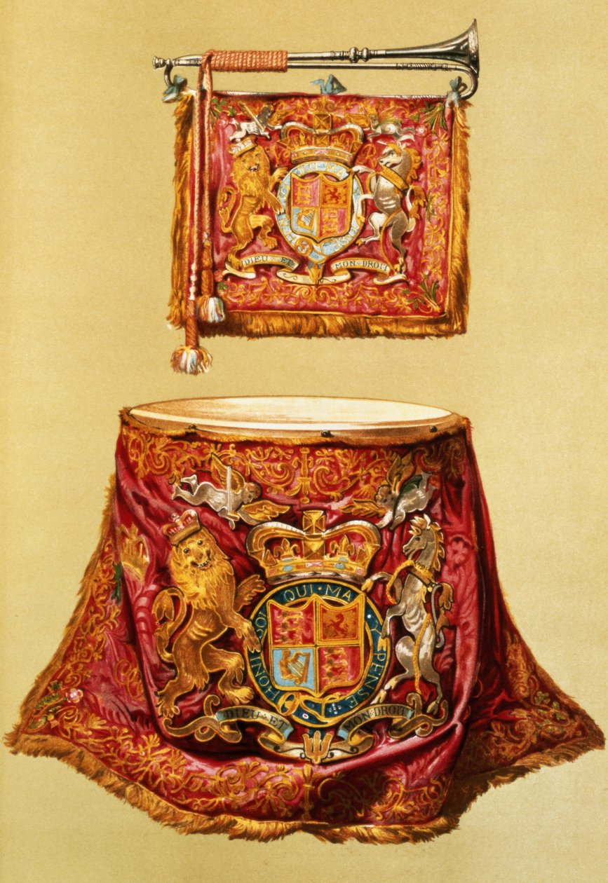 Állami trombita (valószínűleg III. György) és vízforraló, állam vonásaival, a „Musical Instruments”-ből (színes litho) alkotó: Alfred James Hipkins