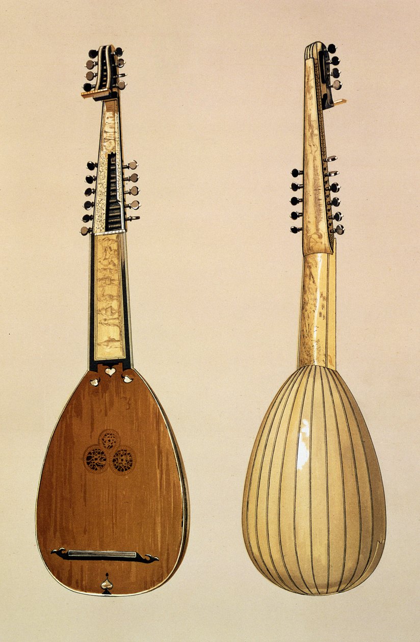 Giovanni Krebar által készített teorba, Padova, 1629, a "Musical Instruments" című műből (színes litográfia). alkotó: Alfred James Hipkins