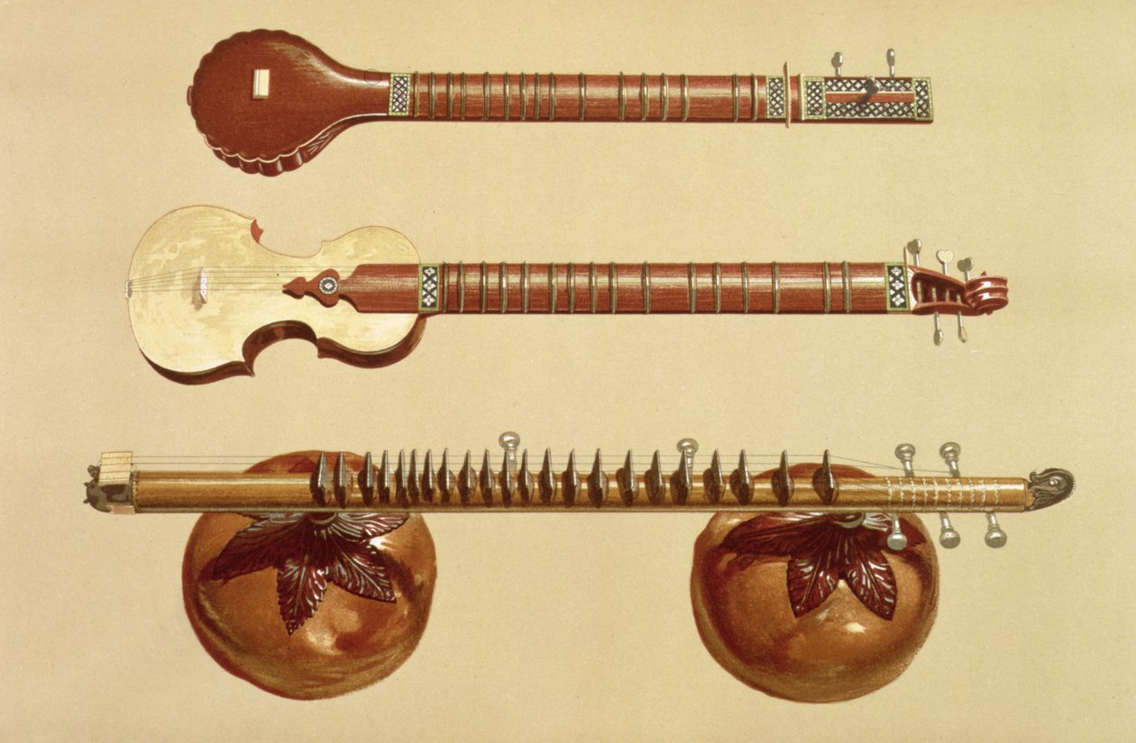 Két szitár és egy rudra vina, indiai, a "Musical Instruments"-ből (színes litho) alkotó: Alfred James Hipkins