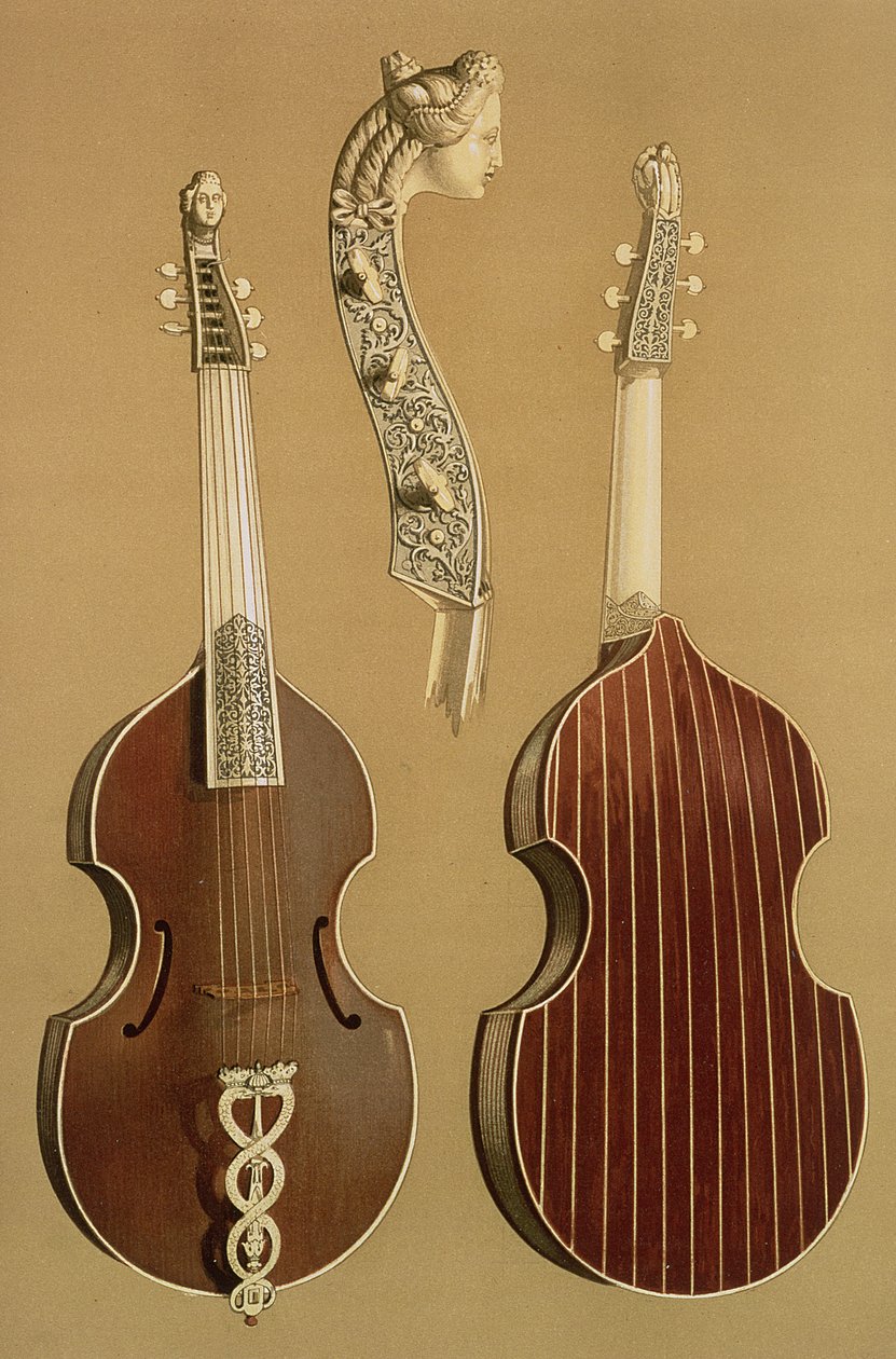 Viola da Gamba, vagy basszushegedű, Joachim Tielke (1641-1719) Hamburgban, 1701, a „Musical Instruments” (színes litó) alkotó: Alfred James Hipkins
