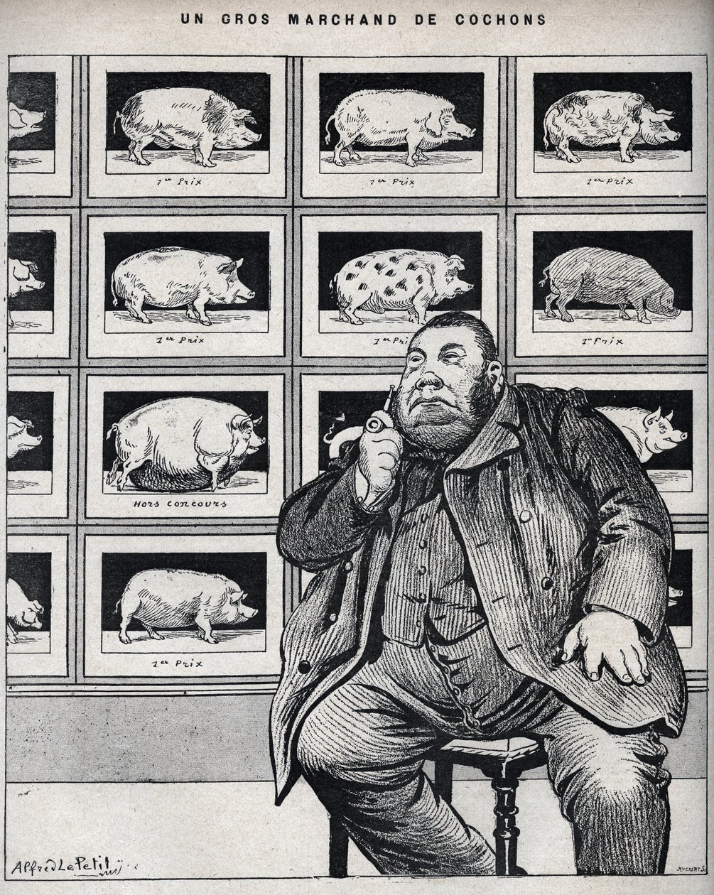 Egy nagy disznókereskedő – rajzfilm a „Le Cochon, Normandia szuvenírjei” című filmben 1898 alkotó: Alfred Le Petit