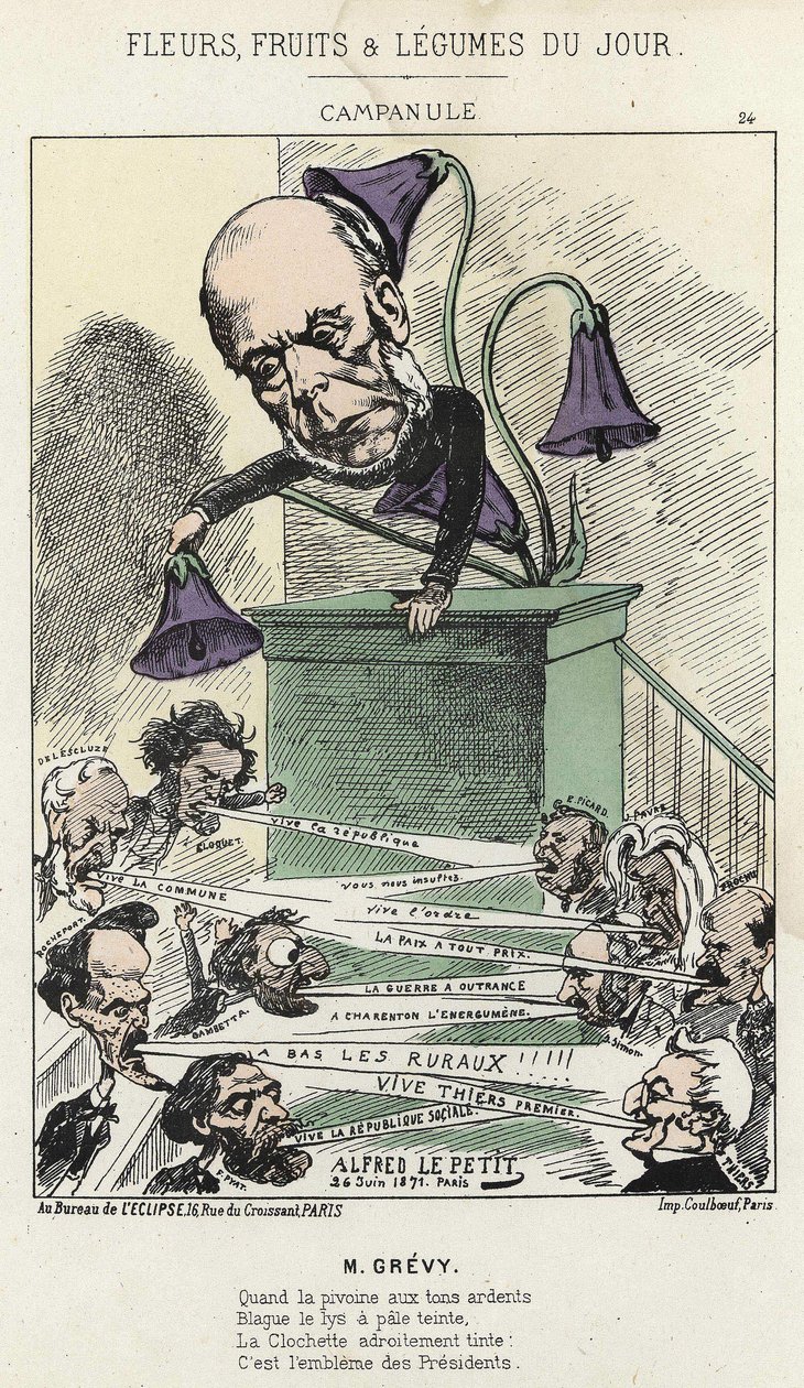 Harangvirág: karikatúra Grévyről - ill. Alfred Le Petit 1871.06.26-tól, „A nap virágai, gyümölcsei és zöldségei” c. alkotó: Alfred Le Petit