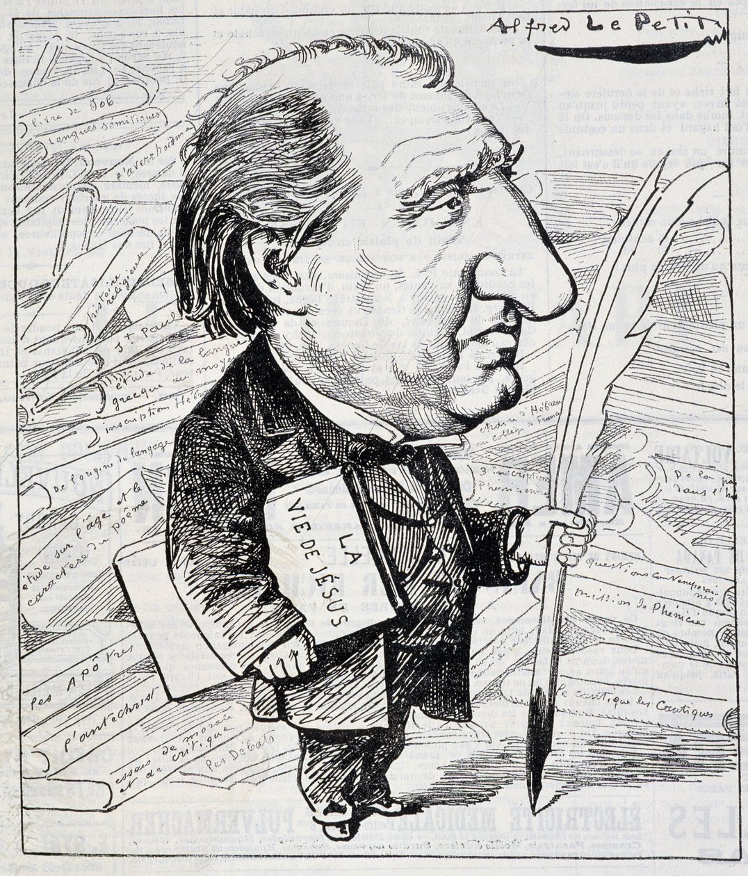 Ernest Renan rajzfilmje „Jézus élete””” felirattal a hóna alatt – a „” Le Charivari””-ban, 1883.11.07. alkotó: Alfred Le Petit