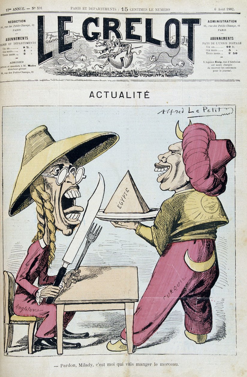 Karikatúra Törökország és Anglia közötti Egyiptom körüli vitáról – Alfred Le Petity, a „Le Grelot” című filmben, 1892.08.06. alkotó: Alfred Le Petit