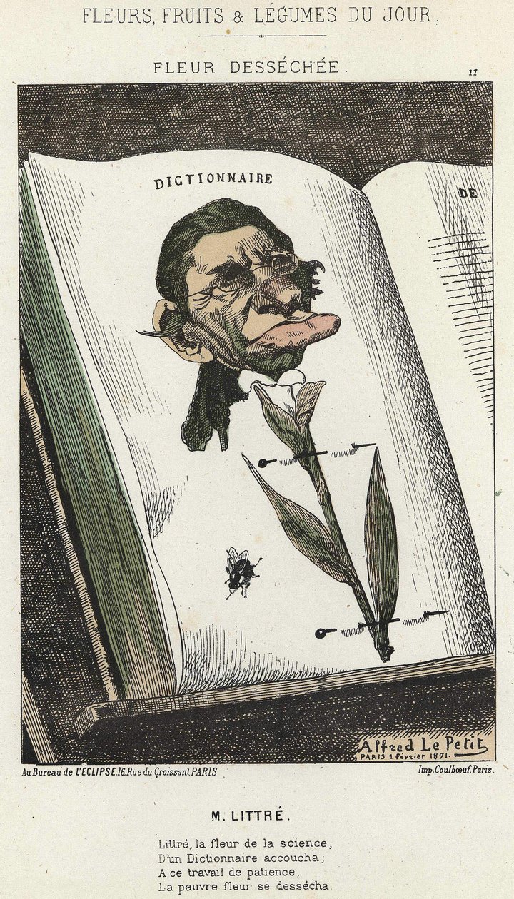 Déséchée virág: rajzfilm a Littré-ről - ill. 1871. 02. 01-től a „Nap virágai, gyümölcsei és zöldségei” c. alkotó: Alfred Le Petit