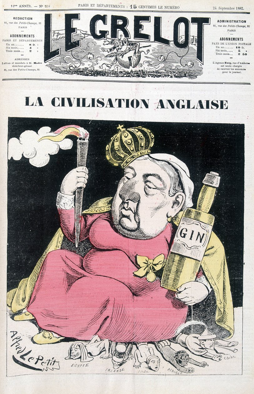 Angol civilizáció: Victoria, egy üveg gin a kezében Egyiptomon, Írországon, Indián, Afrikán és Kínán ül – Alfred Le Petity, a „Le Grelot” című filmben 1882.09.24-től alkotó: Alfred Le Petit
