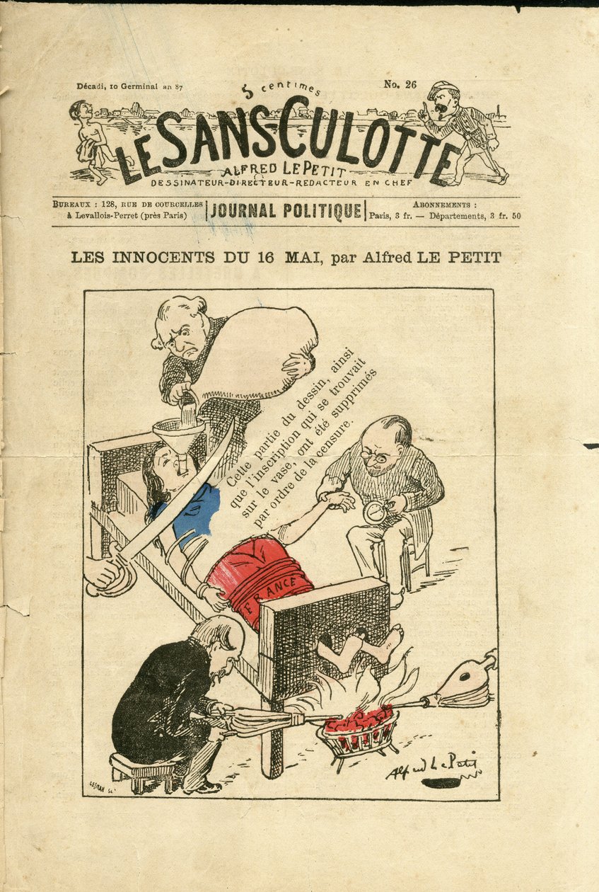 Alfred Le Petity (1841-1909) illusztrációja a Le Sans-Panlotte címlapjára, 1879 körül - Az ártatlanok május 16-án - Cenzúra, május 16. alkotó: Alfred Le Petit