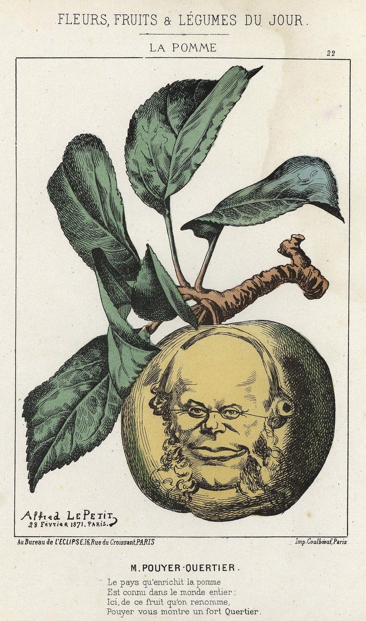 La Pomme: karikatúra Pouyer Quertierről (Pouyer-Quertier) - ill. 1871. 02. 28-tól a „A nap virágai, gyümölcsei és zöldségei” c. alkotó: Alfred Le Petit