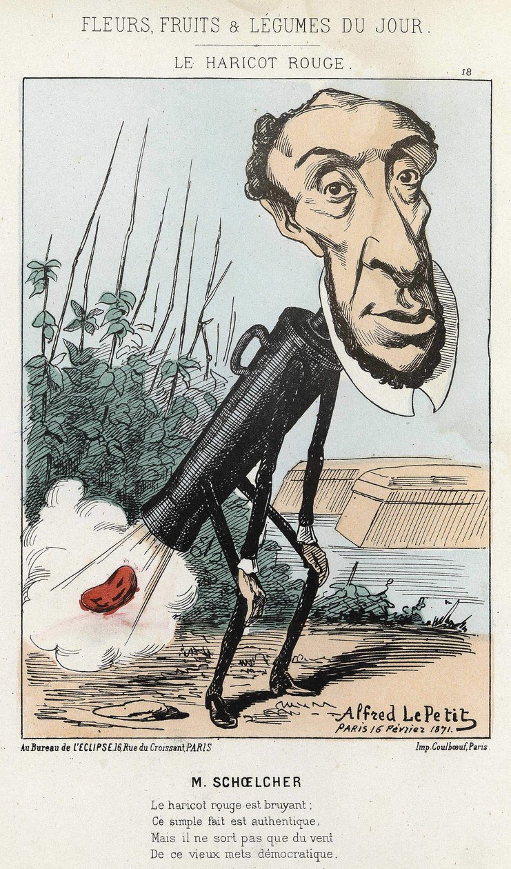 Le Bean rouge: Victor Schoelcher karikatúrája egy babot (fingot) ábrázol Péter vonatában - ill. Alfred Le Petité, 1871.02.16., „A nap virágai, gyümölcsei és zöldségei” című könyvében. alkotó: Alfred Le Petit