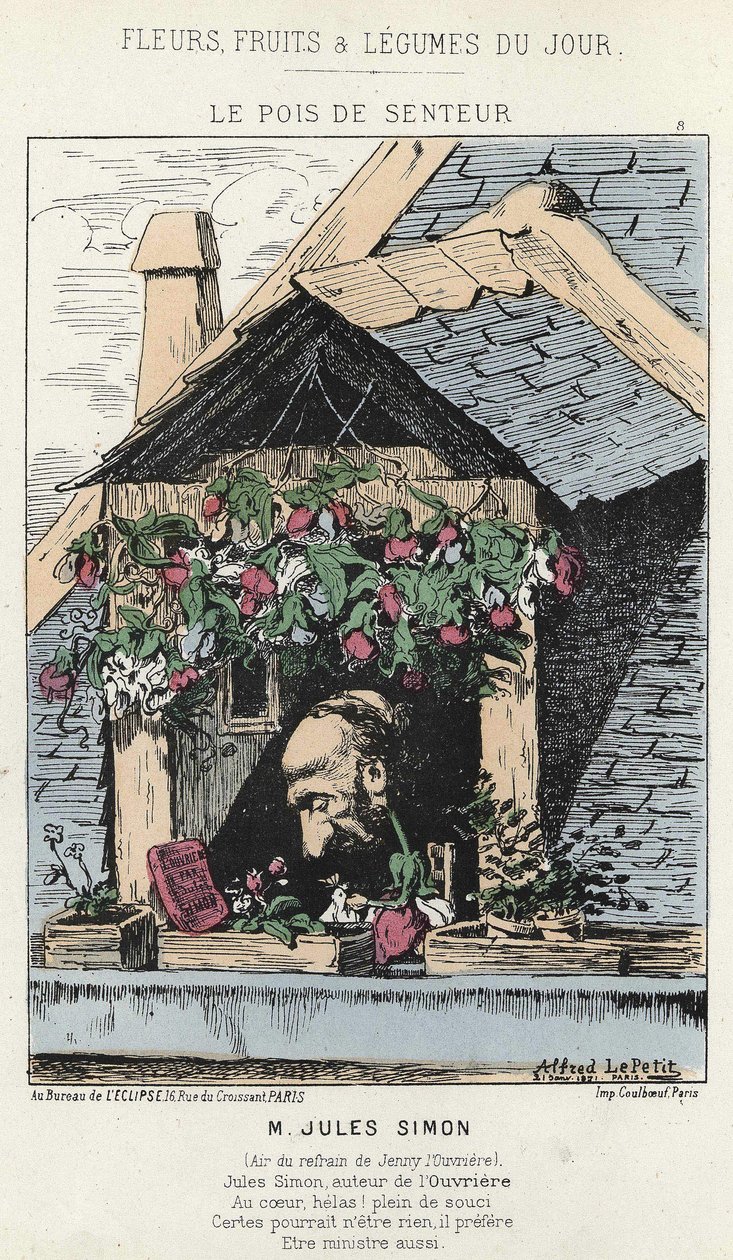 Le Peas de Fragreur: karikatúra Jules Simonról (1814 - 1896) - ill. 187. 12. 01-től a "A nap virágai, gyümölcsei és zöldségei" című részben alkotó: Alfred Le Petit