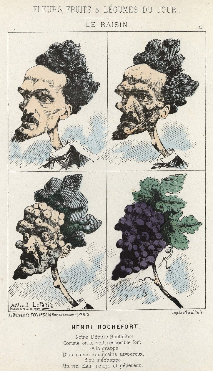 Le Raisin: Rajzfilm Henri Rochefortról - ill. 1871. 09. 02-től a "A nap virágai, gyümölcsei és zöldségei" című részben alkotó: Alfred Le Petit