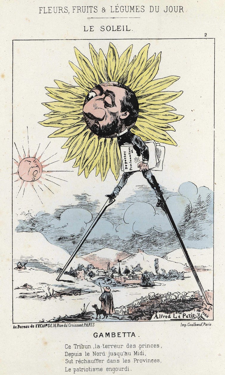 Le Soleil (napraforgó): karikatúra Gambettáról (1838 - 1882) - ill. 1871. 12. 01-től a "A nap virágai, gyümölcsei és zöldségei" című részben alkotó: Alfred Le Petit
