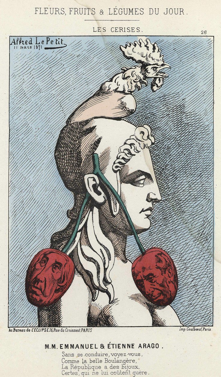 Les Cherry: karikatúra MM Emmanuelről és Etienne Aragoról - ill. 1871. 11. 03. „A nap virágai, gyümölcsei és zöldségei” c. alkotó: Alfred Le Petit