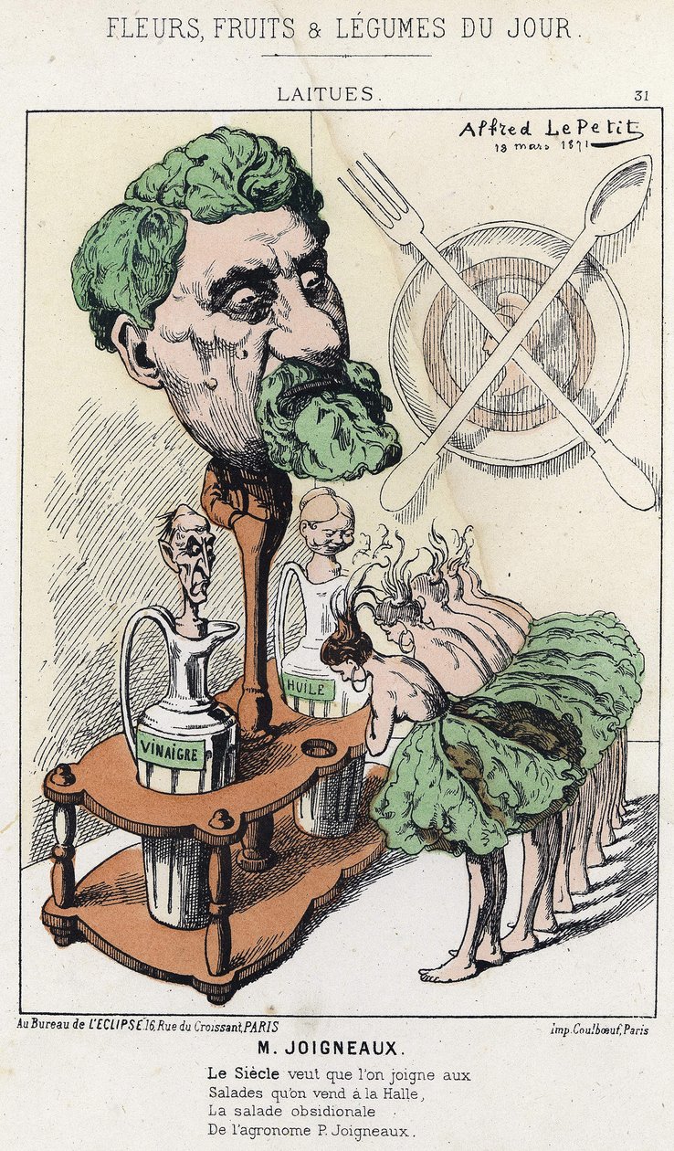 Saláta: karikatúra Joigneaux-n - ill. 1871.03.18-tól, a "Virágok, gyümölcsök és zöldségek du Jour" című könyvében alkotó: Alfred Le Petit