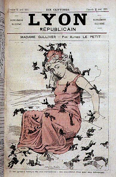 Madame Gulliver: Legfőbb ideje felébreszteni: megettek volna (Marianne feláll, és a papság emberei, liliputi nyelven, megpróbálták megkötni) - Alfred Le Petitty, a 25-ös „Lyon Républicain”-ben /04/1880 alkotó: Alfred Le Petit