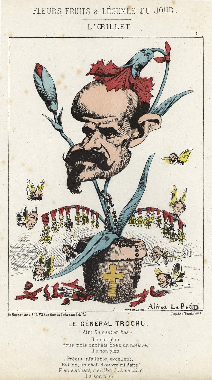 A szegfű: Rajzfilm Louis Jules Trochu tábornokról (1815 - 1896) - ill. 1871. 11. 01. „A nap virágai, gyümölcsei és zöldségei” alkotó: Alfred Le Petit