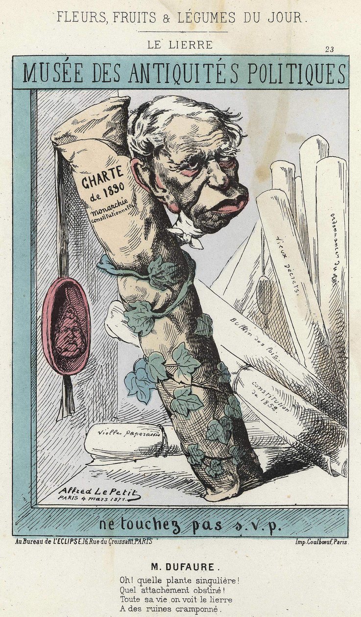 Az Ivy: Rajzfilm Jules Armand (Jules-Armand) Dufaure-ról (1798-1881) borostyánban, egy papírtekercs körül, amelyen az „1830-as charta” felirat és egy pecsét 1. Lajos Fülöp király fejével van felírva. - beteg. 1871. 04. 03. " Virágok, gyümölcsök és zöldsége alkotó: Alfred Le Petit