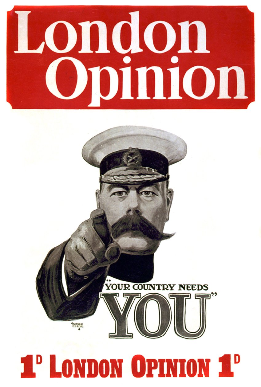 Első világháború: poszter brit katonák toborzásához: Lord Horatio Herbert Kitchener kartúmi parancsnok (1850-1916), brit katona és államférfi, aki a katonai lehetőségekre mutat rá „Az országnak szüksége van rád” Alfred Leete rajza (1882-1933) 191 alkotó: Alfred Leete