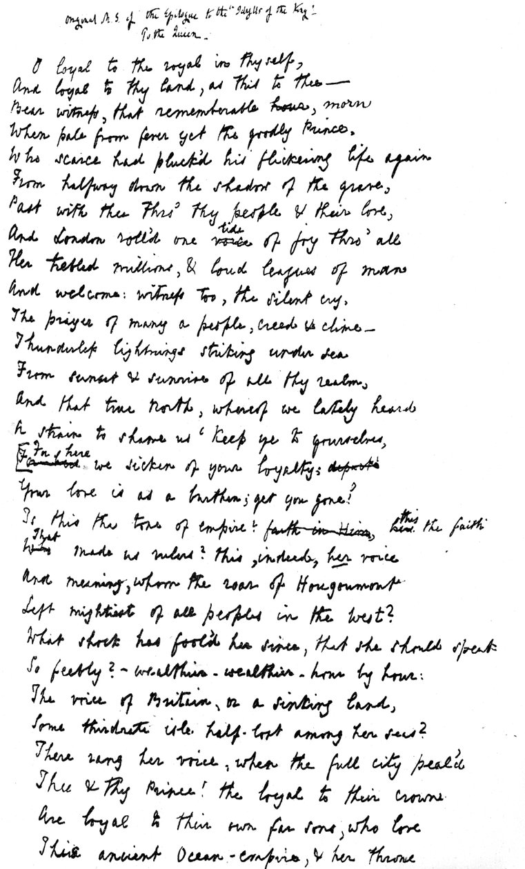 A „Király idilljei” epilógusának eredeti kézirata, Viktória királynőnek címezve, 1872 alkotó: Alfred Lord Tennyson