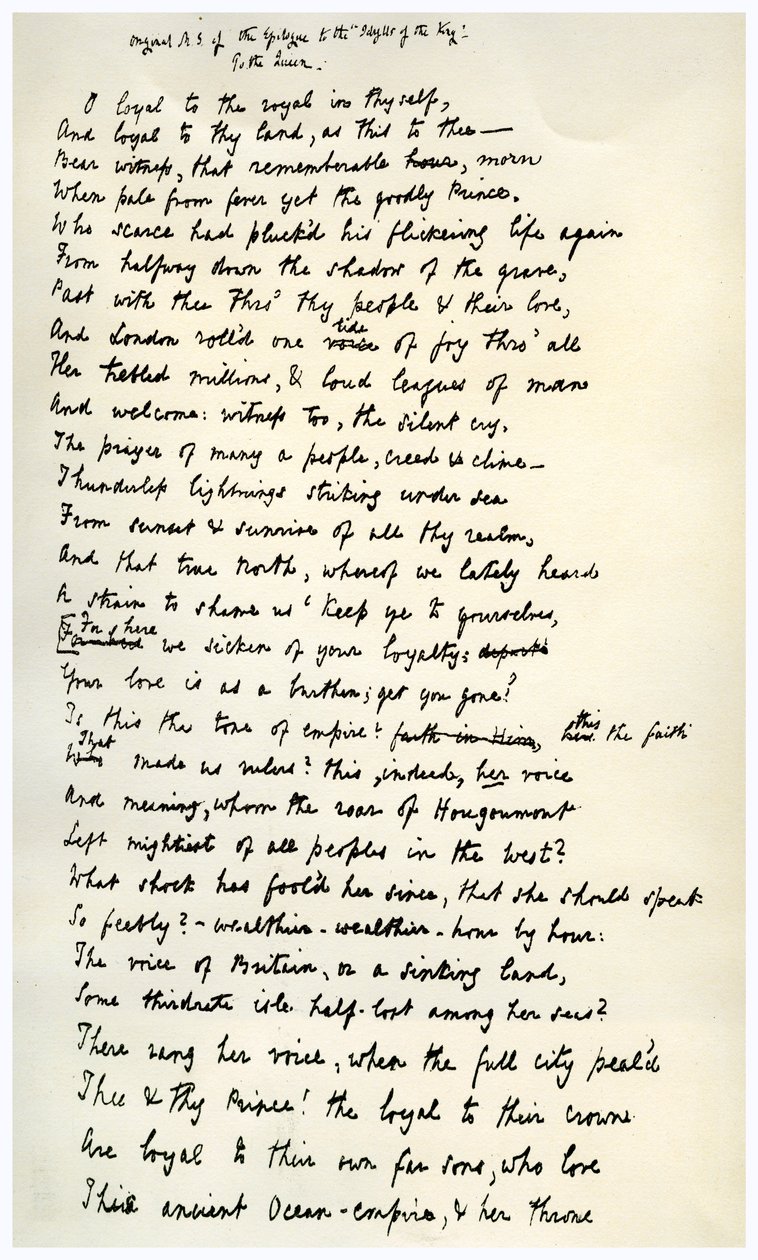 A király idilljei epilógusának eredeti kézirata, 1872. alkotó: Alfred Lord Tennyson