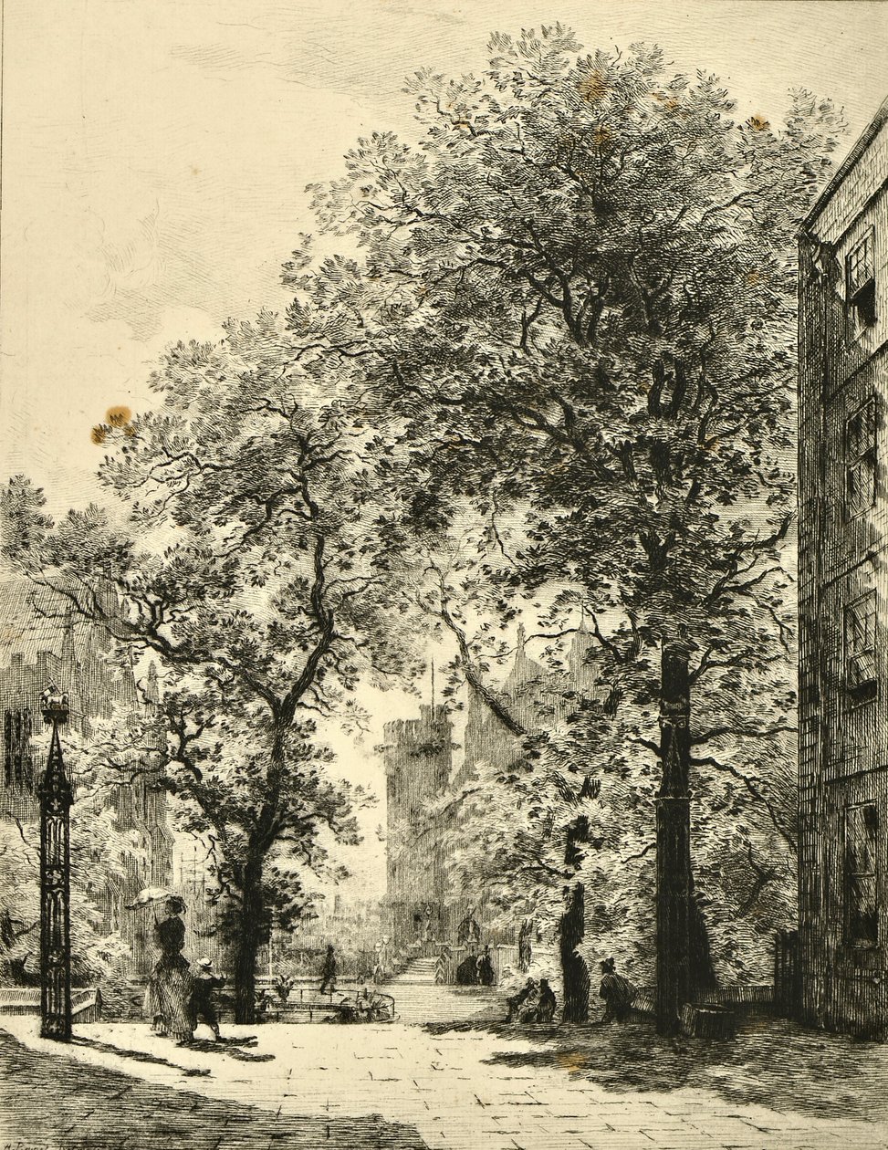 Szökőkút udvar, templom (rézkarc) alkotó: Alfred Louis Brunet Debaines