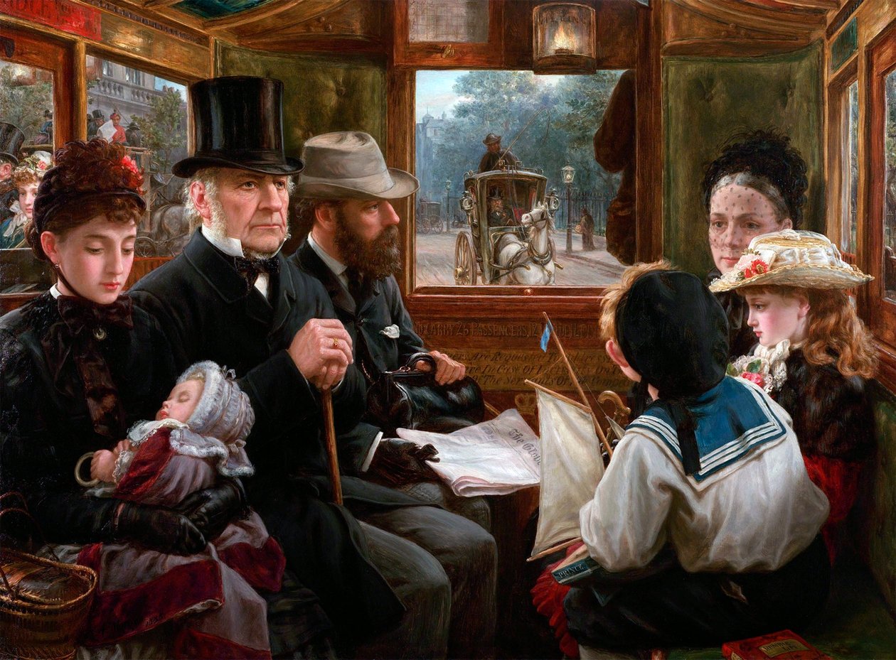 Omnibus utazás a Piccadilly Circushoz, Mr Gladstone hétköznapi utasokkal utazik, 1885. alkotó: Alfred Morgan