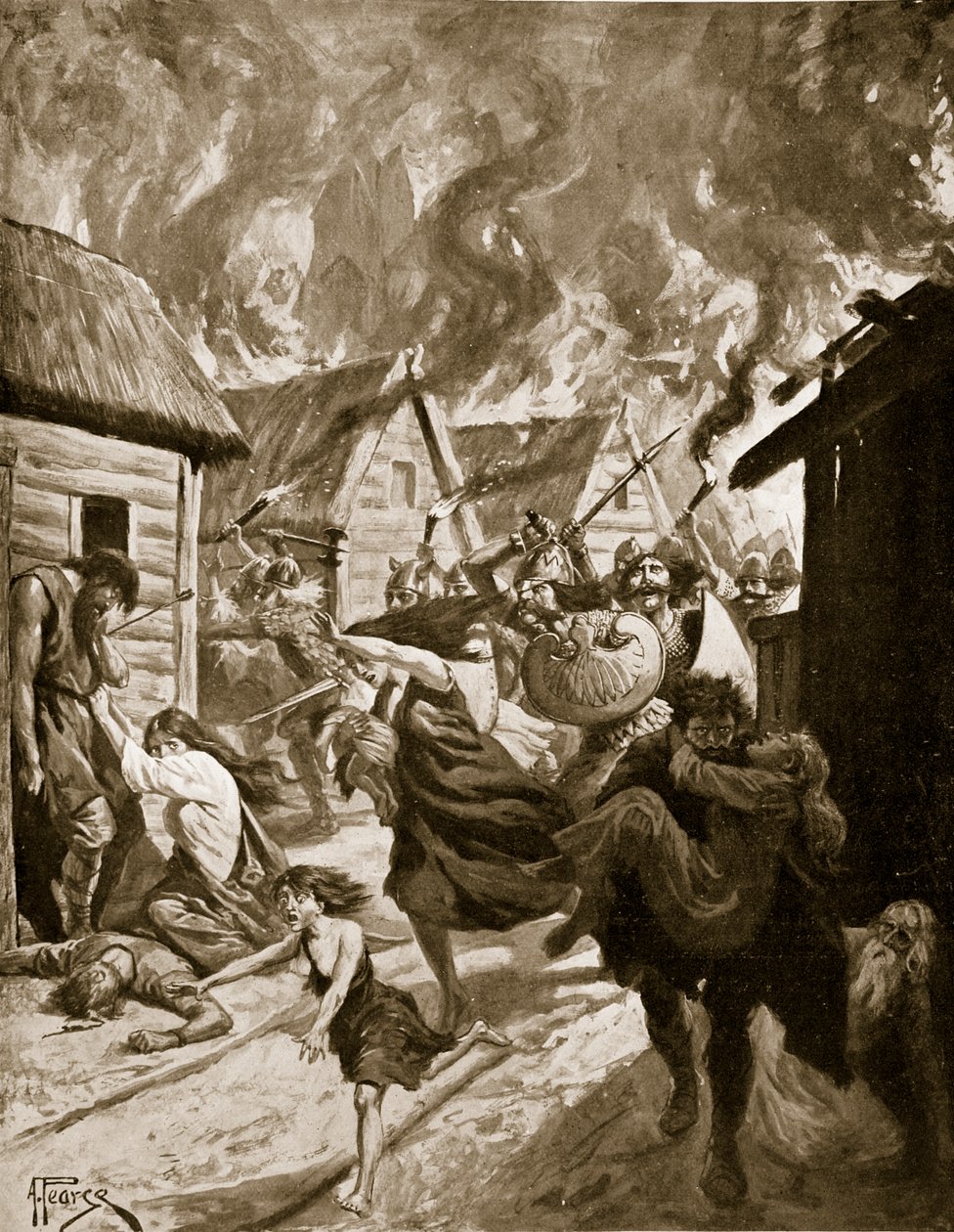 A dánok által felgyújtott Canterbury, i.sz. 851, illusztráció a „Hutchinson története a brit nemzetről”, 1920 körül (litho) alkotó: Alfred Pearse