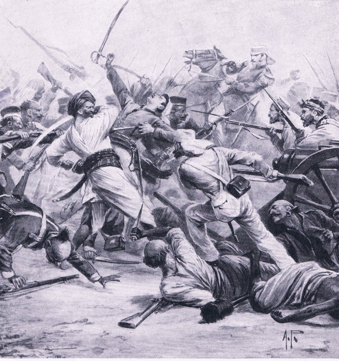 Nicholson veresége a lázadók ellen Najafgarhnál, 1857. augusztus 2., illusztráció a brit szárazföldi és tengeri csatákból, 1915 alkotó: Alfred Pearse