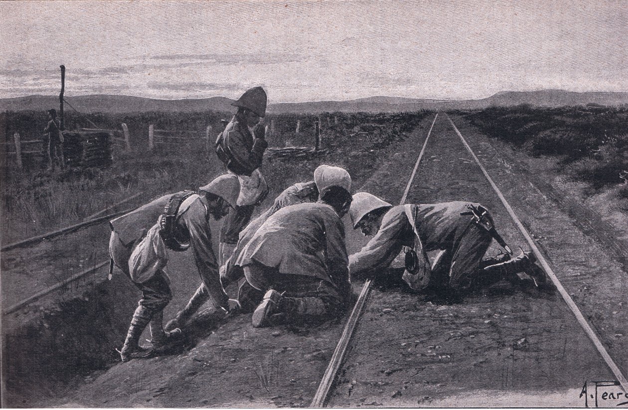 Csapataink felrobbantanak egy katonai vasutat Bloemfonteintől (litho) északra alkotó: Alfred Pearse