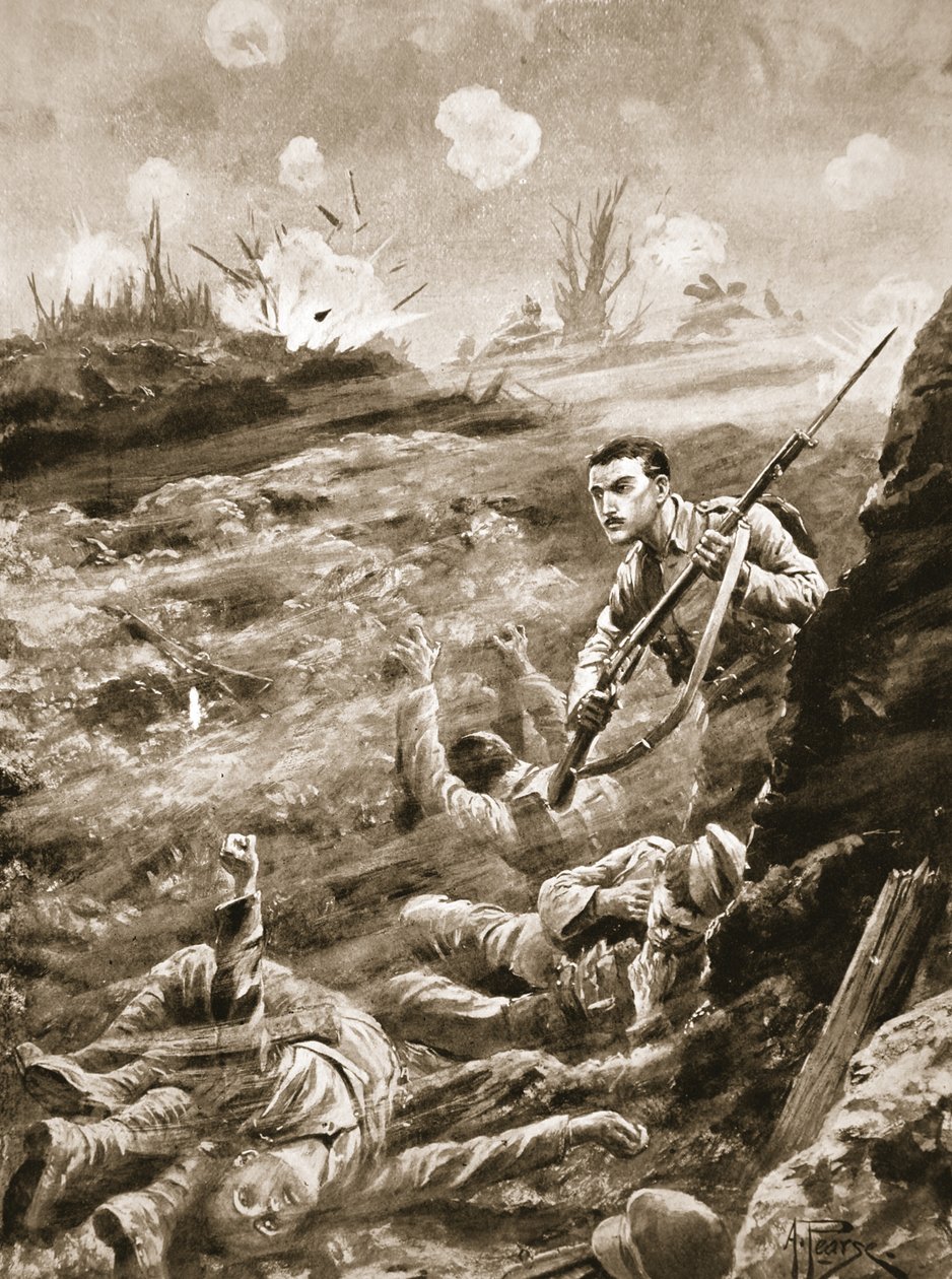 E. Warner közlegény egy kézzel tartott egy árkot, amelyet gáztámadás után evakuáltak alkotó: Alfred Pearse