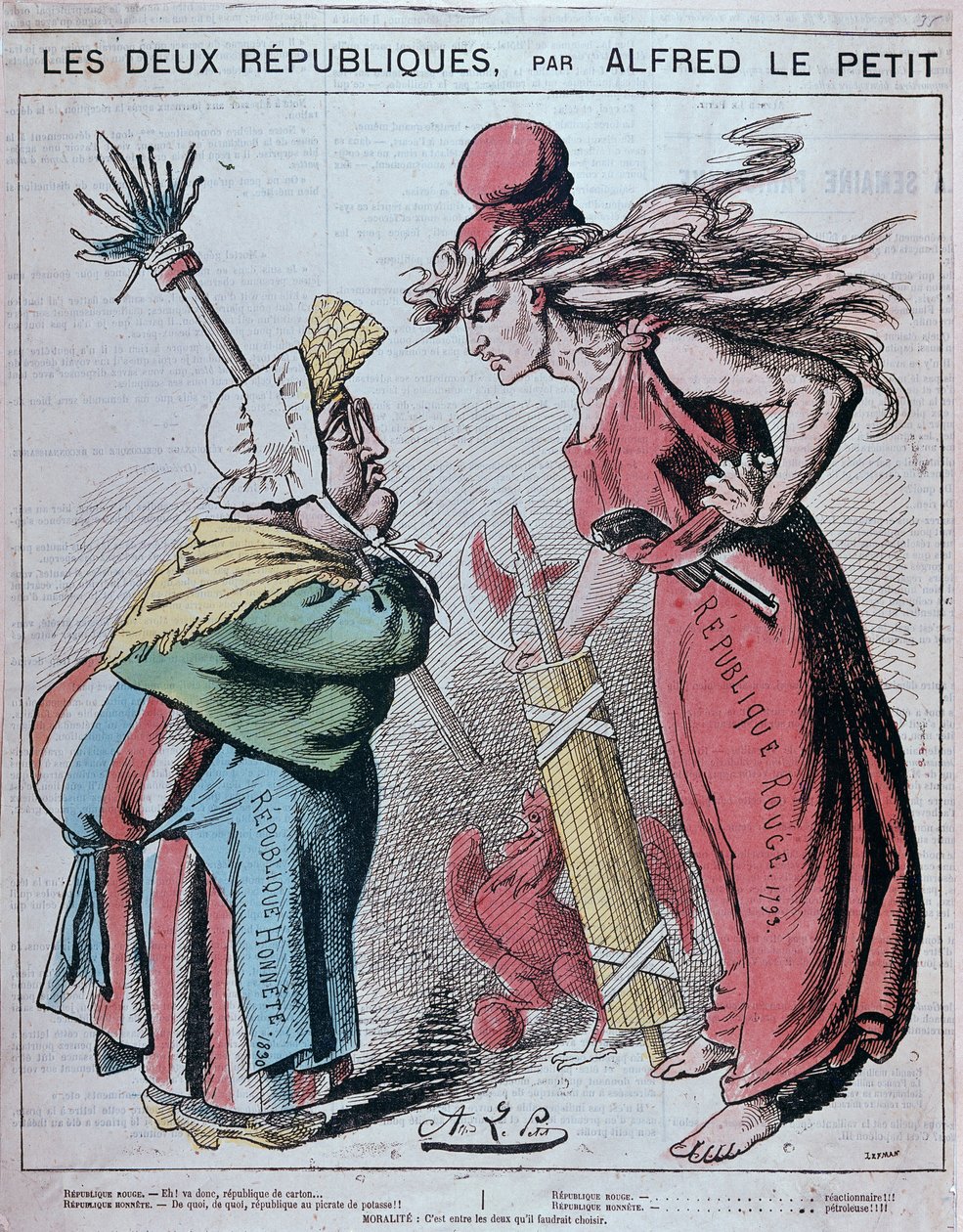 Karikatúra a két köztársaságról, a „Honnete Köztársaságról (1830) és a Vörös Köztársaságról (1793)”, Alfred Le Petitty a „Le Grelot”” című filmben, 1872 alkotó: Alfred Petit